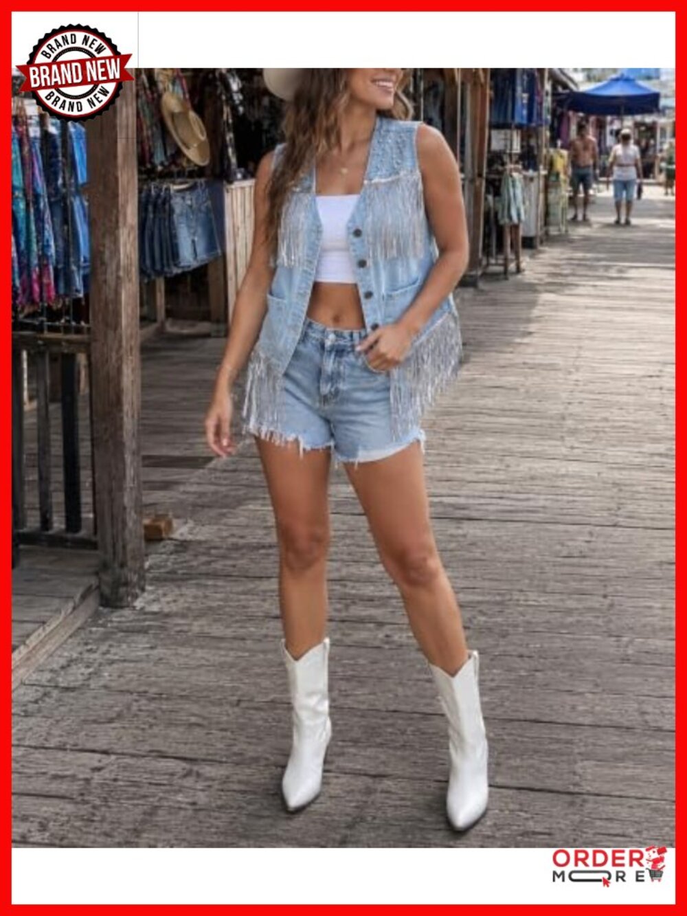 Denim Fringe Vest Top with Pearl & Sequin Details Lightweight Summer Vest - Picture 5 of 6